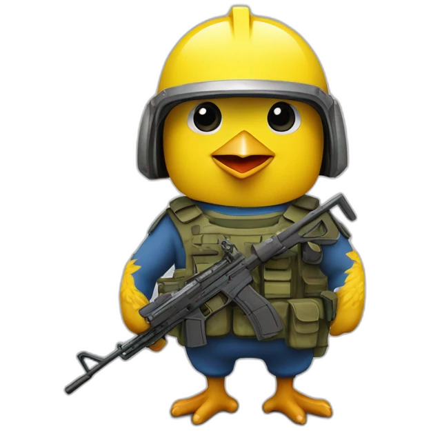 Un poussin jaune avec un casque militaire et une arme a feu et la drapeau français minion emoji