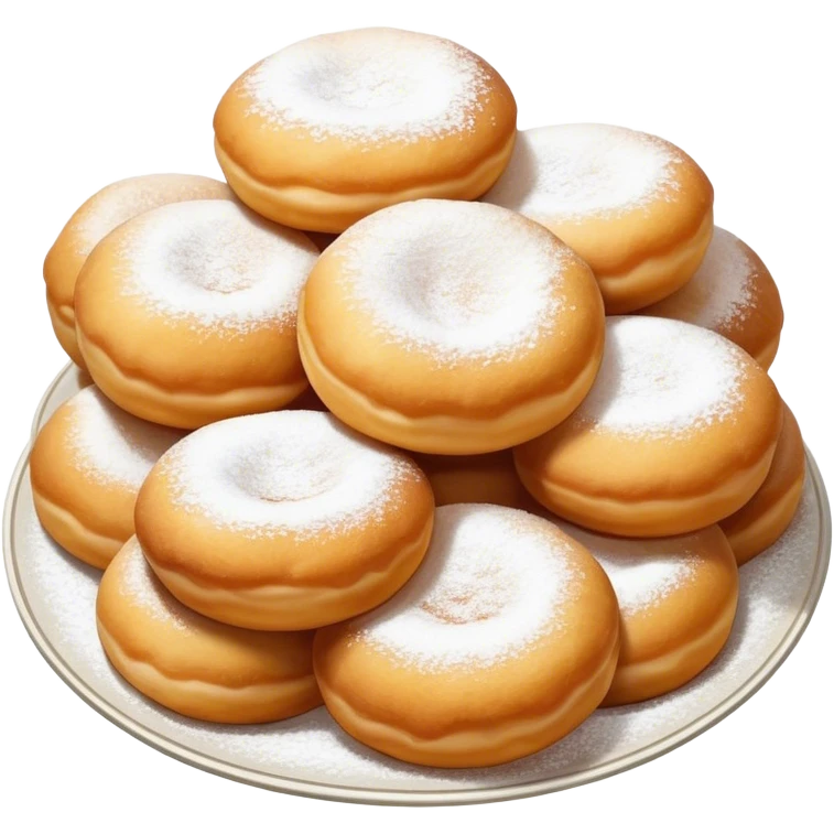 Cinematic Realistic image of simple round buñuelos, depicted with a lightly crisp, golden exterior and soft, airy interior, dusted with a subtle layer of powdered sugar and set against a rustic backdrop with warm, inviting lighting. emoji
