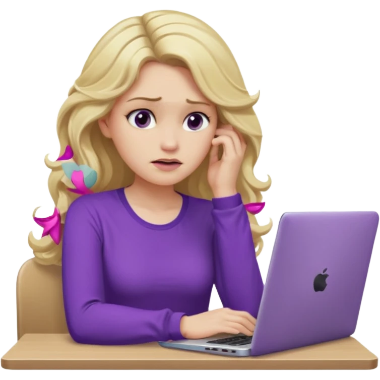 lady with long blonde wavy hair, purple top, one elbow one desk hand on face with a laptop looking defeated emoji