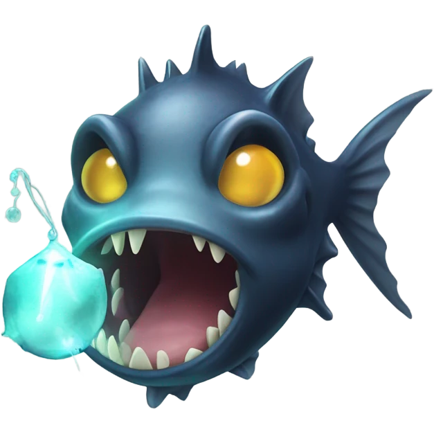 Anglerfish with a glowing lure hanging from its forehead, sharp teeth, and big eyes. emoji