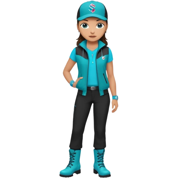 A landscaper in a beautiful turquoise jacket and turquoise boots, black pants, and a black sleeveless shirt. On his head is a black Swissotel baseball cap. The girl is a brunette with blue eyes. emoji