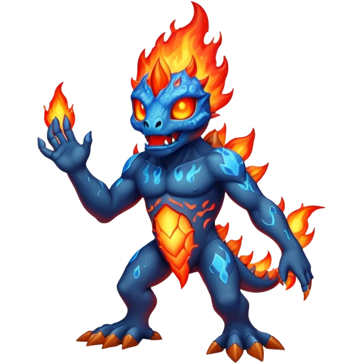 a mystical fast lava creature without arms with molten lava on its head and some rocky shoulders, fire crystals, blue flames, fire legs, no background emoji
