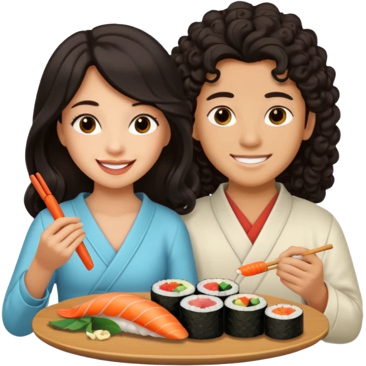 czarnowłosa ksieżniczka w dlugich wlosach je sushi z chłopakiem o czarno brązowych kręconych włosach i są zadowoleni emoji