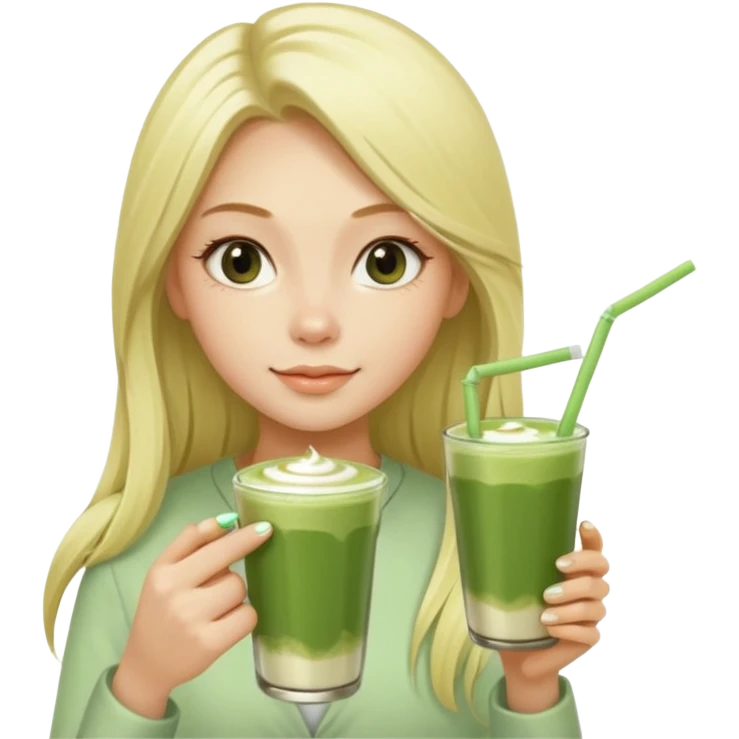 A blonde girl with long hair offers a glass of matcha latte with two straws emoji