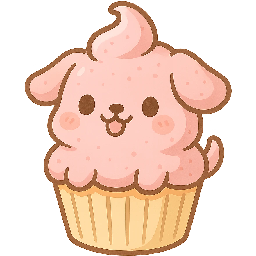 cupcake with pink icing shaped like a cute dog, fun and cute style emoji