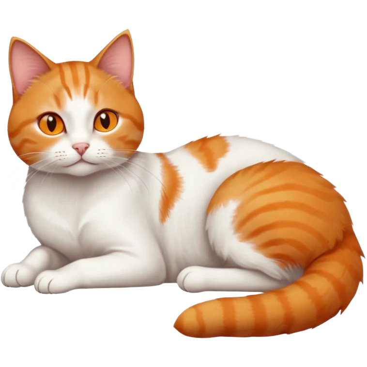 ginger and white cat with orange eyes doing a big extremely long stretch reaching up into the air with arms and legs side by side together straight and overextended whilst lying on its side emoji