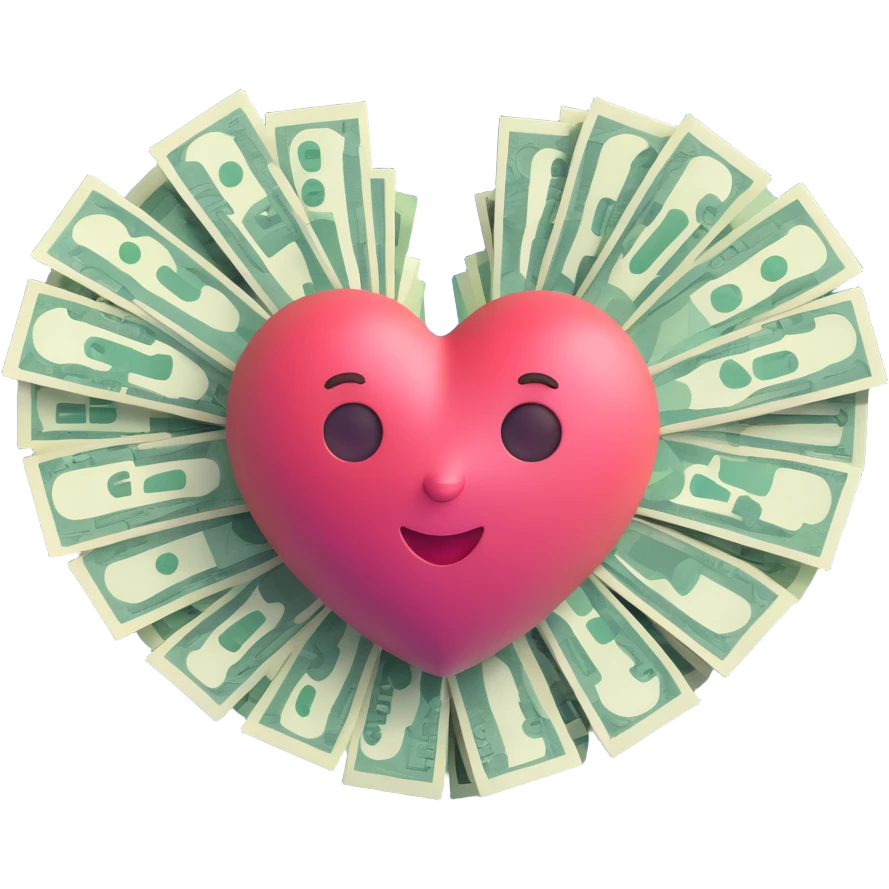 heart shape made of money, memoji style, playful and expressive, 3D look, soft shading, no text emoji