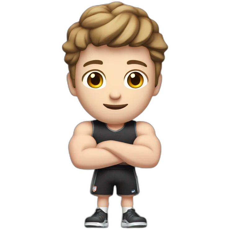 Close up Actively gesturing  with hands Pale skinned Fit Man With the biceps and brown hair in dark gray Sleeveless Mike, black oversize sports shorts, watch and white Sneakers emoji