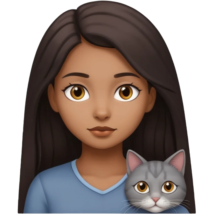 Brown girl with long dark hair with a grey cat emoji
