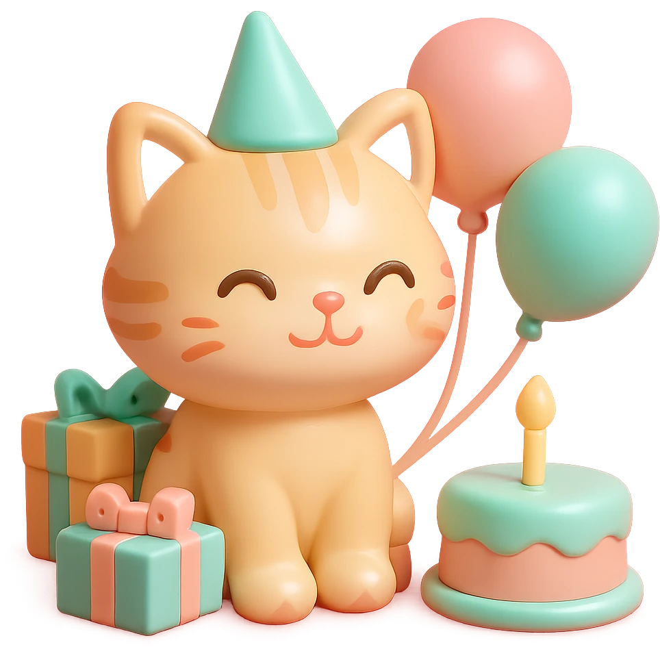 ginger tabby kitten sitting next to a stack of gifts, wearing a party hat, birthday cake and balloons around, cheerful emoji