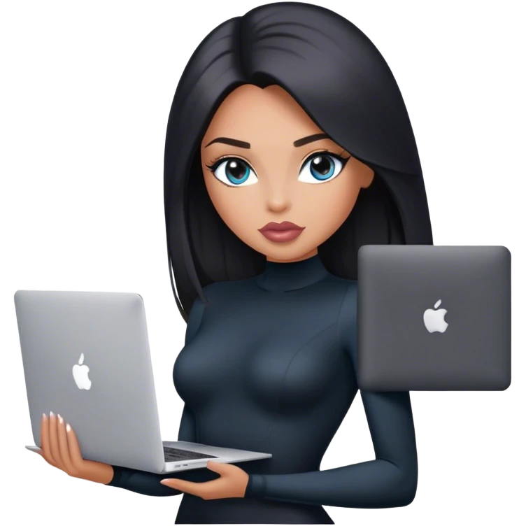 Glamours, tanned, very beautiful girl, with big pump peach-beige-rose lips, black straight smooth silky long hair, straight parting, blue-grey eyes, in black bodysuit holding MacBook emoji