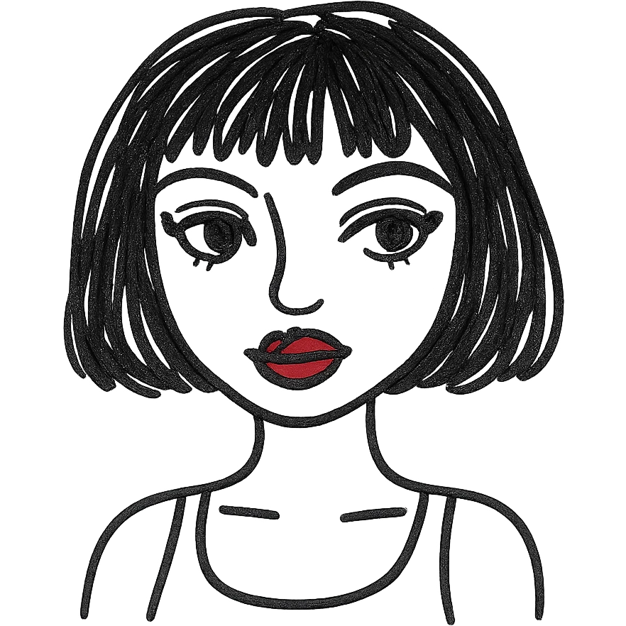 A pretty girl with black straight bob hair. She has hazel eyes with black eyeliner. She has plump red lips. She is wearing a white tank top emoji