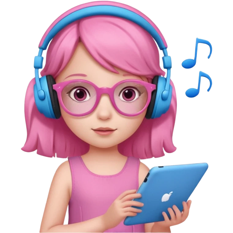 Little girl with headphones when pink eyes and pink iPad and pink dreamy background and rose colored glasses and blue music notes around her and pink dress emoji