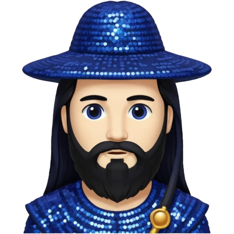 Saturn, God of Time from Gods and Goddesses with long black hair and beard, indigo sequin outfit emoji