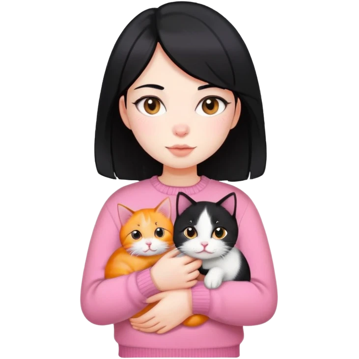 girl with black hair holding a tri-colored cat (black, orange, white) wearing a pink sweater emoji
