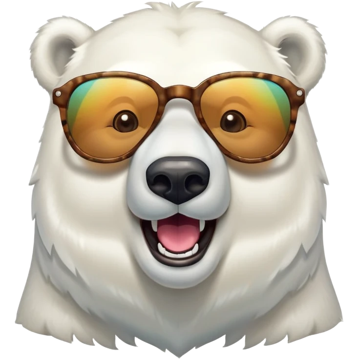 laughing polar bear headshot wearing a t-shirt and large multicolored extravagant glasses emoji
