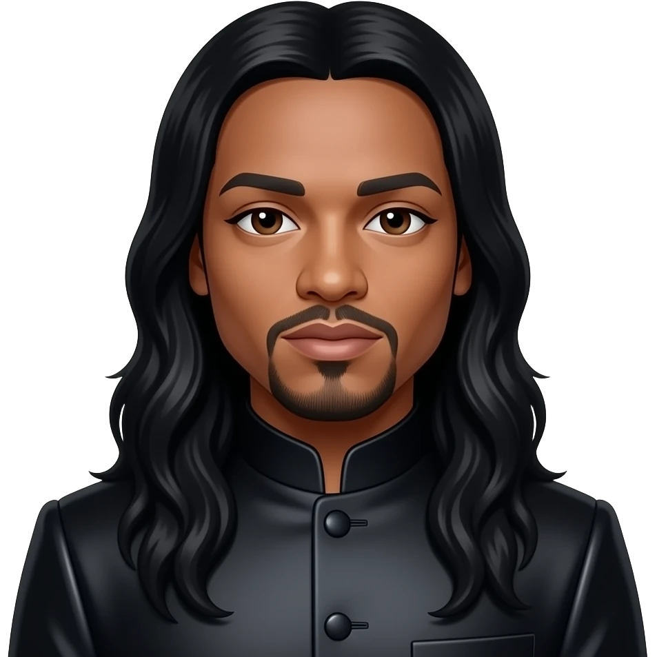 Taboo from Black Eyed Peas with dark brown eyes, long black hair, black metallic nehru suit emoji