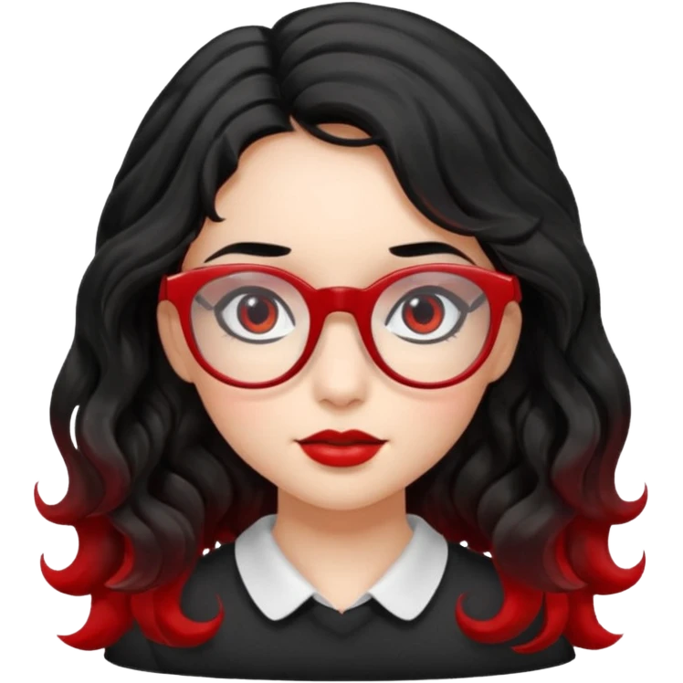 ילדה עם שער שחור וגלי אבל לא יותר מידי מתולתל ארוך אישונים שחורים משקפיים בצבעיי שחור ואדום emoji