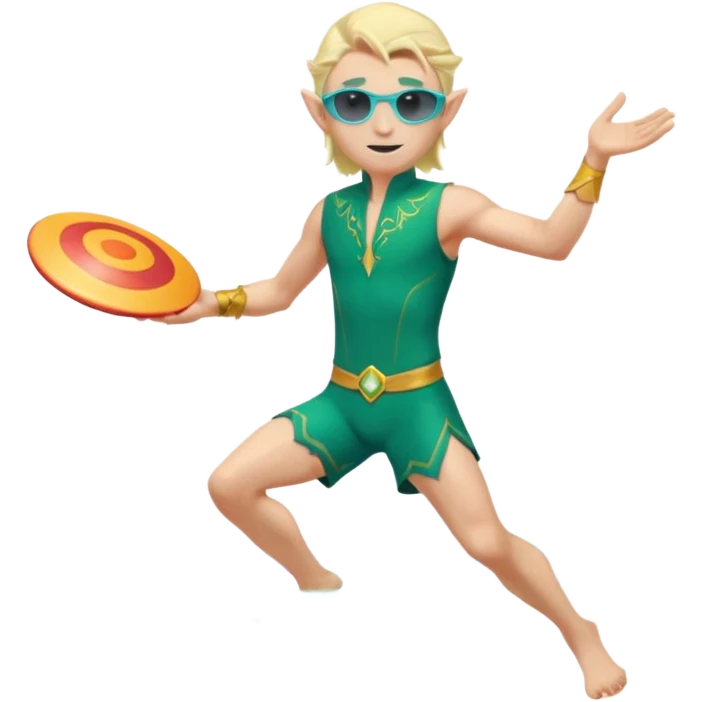 elf male legolas launching a frisbee woven from pure sunlight, wearing sporty teal swim shorts and performance sunglasses, pointy ears, centered emoji emoji