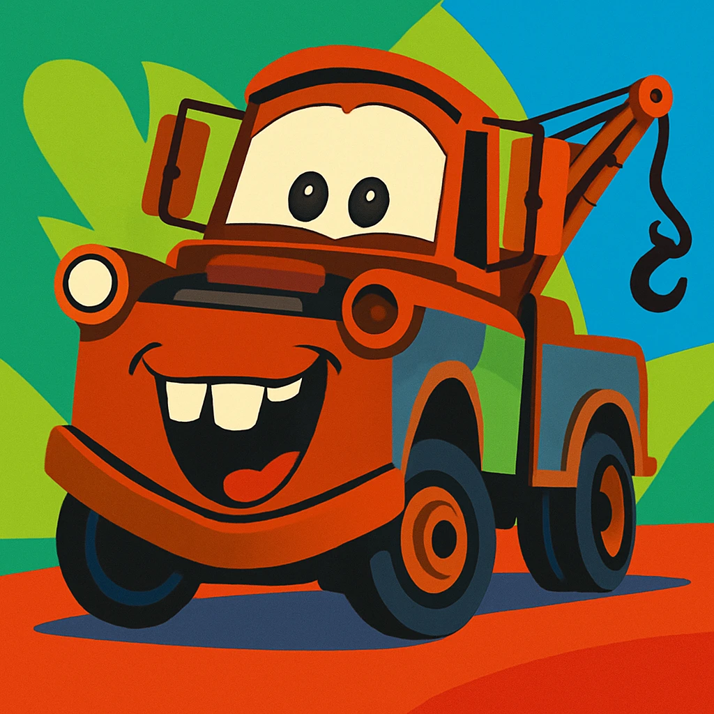 Mater from Cars with exaggerated goofy expression, vibrant colors emoji