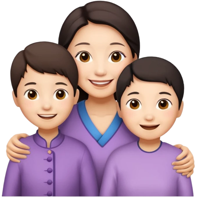 two chinese kids with their mother and grand mother smiling emoji