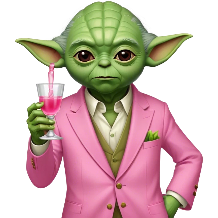 Master Yoda in pink suit holding pink tequila shot emoji