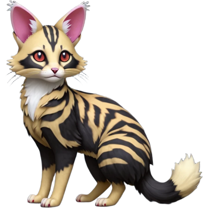 Hyper realistic  void-black fur haunted by crimson neon pulse-lines like living circuitry beautiful elegant pretty precious cute  Fakémon-Pokémon-opossum-feline-serval-caracal-chinchilla-Furret-Minccino-hybrid-creature with a big fluffy bushy tail (full body) emoji