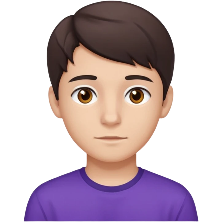 a 17 year old boy with a brunette middle part, brown eyes, fair skin, and a purple shirt  emoji