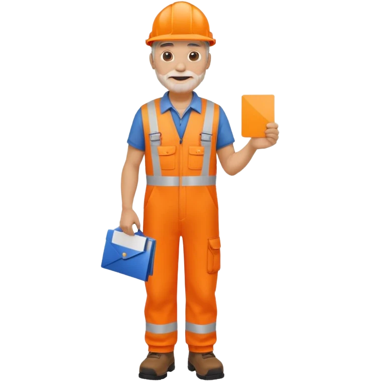older engineer hi-vis orange overalls full body holding a card emoji