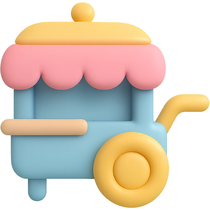 icon of a food cart, soft pastel colors, smooth rounded shapes, cute and minimal look emoji