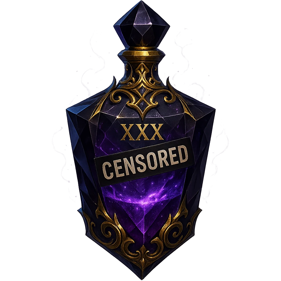 crystal luxurious elixir bottle with edgy forbidden elixir vibe, bottle has censored words or labels like 'XXX' and 'CENSORED', dark colors, lots of glowing, edges, ornaments, golden details, magical effects, very small golden neck, transparent background, beautiful seamless bottom, bottle clearly floating in air, no base or shadow, very luxurious, edgy, fitting a collection emoji