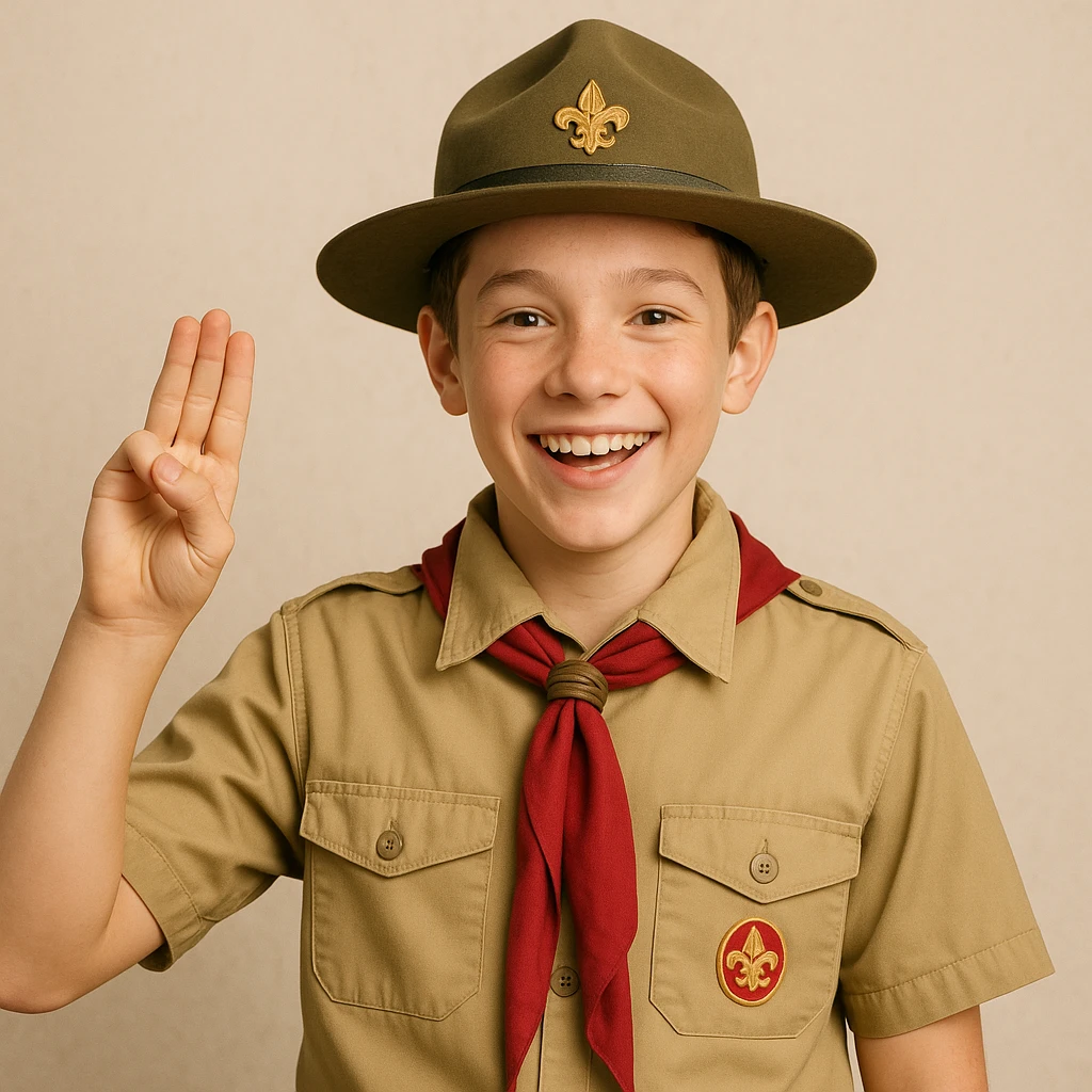 boy scout in uniform making the 3 finger salute, cheerful expression emoji