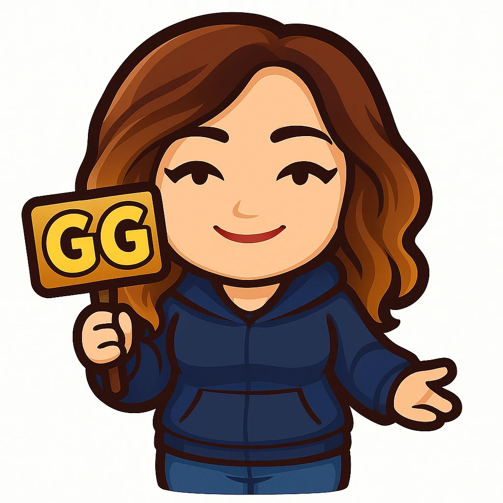 Create a chibi emote of the woman from the reference images, wearing a blue hoodie and jeans, holding a 'GG' sign, no headband, no sparkles, no wand, transparent background in sticker style emoji