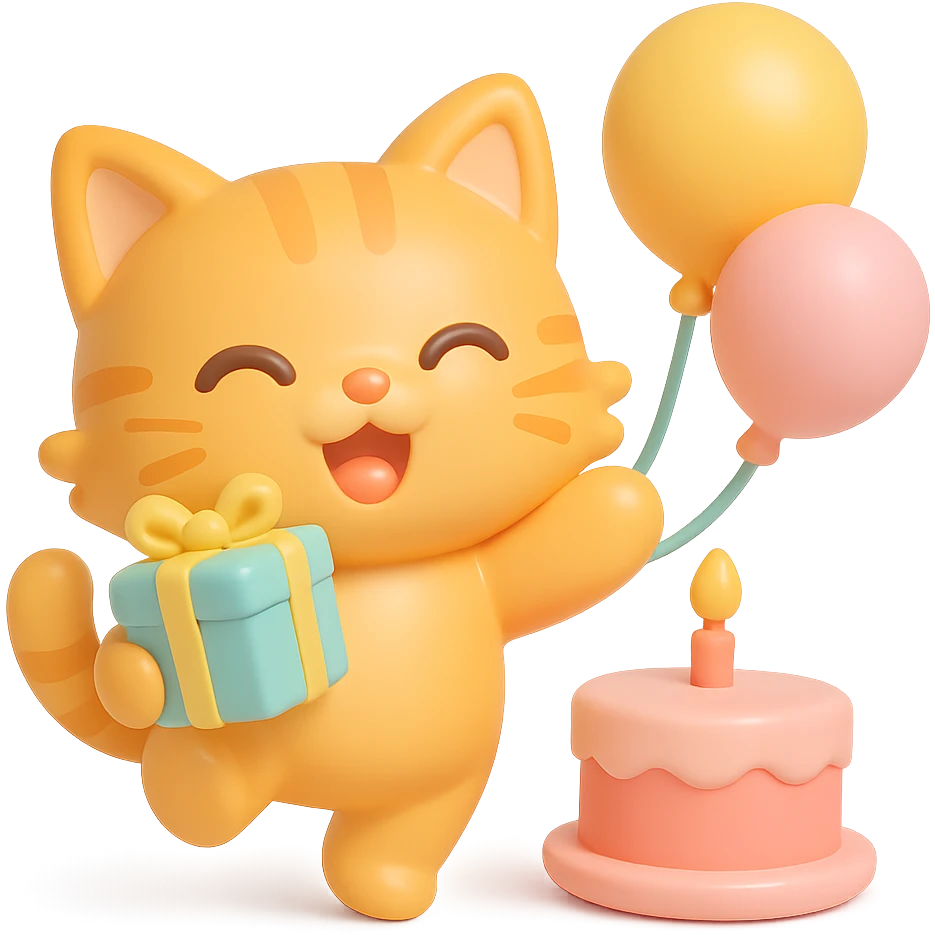 ginger tabby kitten jumping with joy, holding a birthday gift, birthday cake and balloons in background emoji