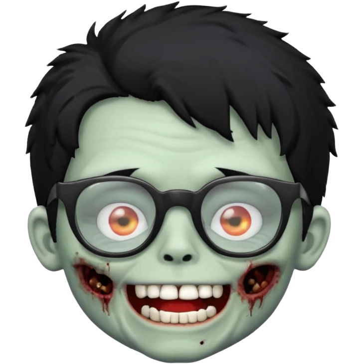 Zombie boy with fluffy hair wearing glasses while showing his white teeth emoji