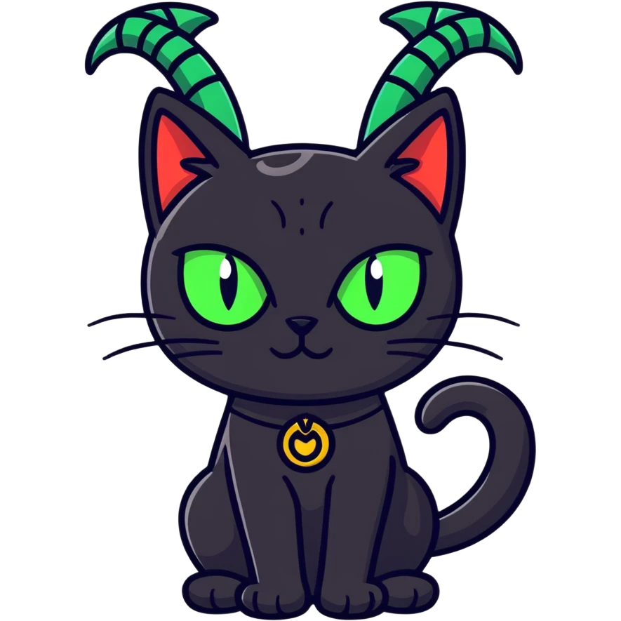 Evil black cat with green eyes and horns emoji
