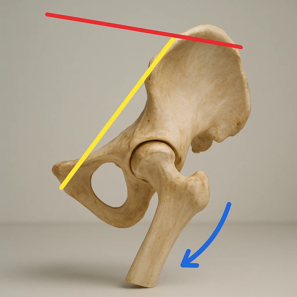 realistic human pelvis tilted, 4K resolution, detailed anatomical features, very evident tilt, colored guideline lines and arrows highlighting the tilt, side view, clinical atmosphere, neutral background emoji