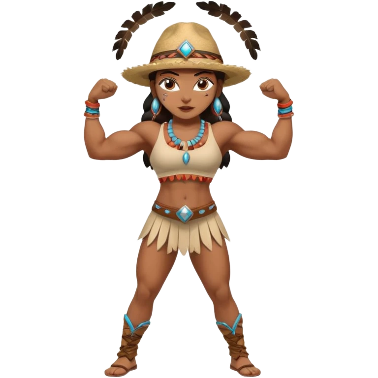 native american brown skin sexy girl, flexing muscles, full body, muscled, with traditional outfit and hat emoji