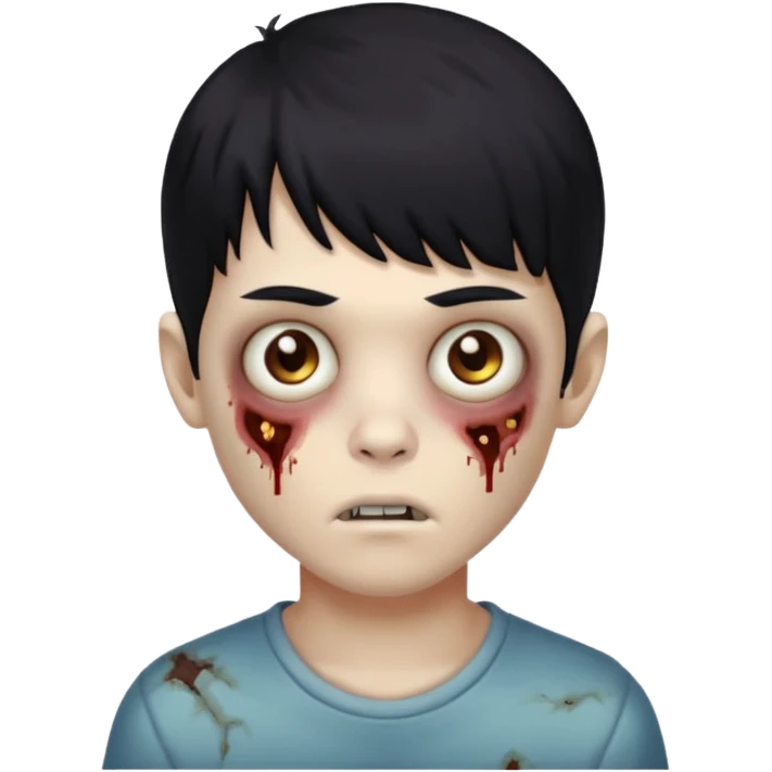 Garoto zombie, de cabelo preto, olhos castanhos claros, cabelo um pouco cacheado com franja emoji