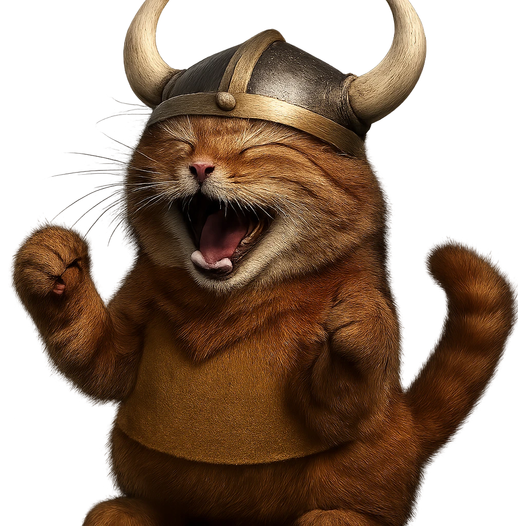 Make this laughing red viking cat more realistic with detailed fur and natural cat features. The cat should have a realistic horned helmet, remain red, and be laughing. Remove the background. emoji