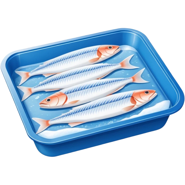 A clear vacuum-sealed plastic tray containing neatly arranged white fish fillets, covered with a thin layer of frost. The package has a blue and white label with product details and barcode. Set in a supermarket freezer shelf among other seafood packs, realistic lighting and texture. emoji