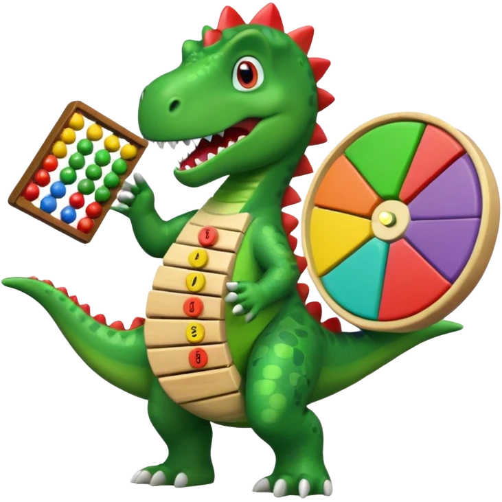 Dancing Dino holding an abacus against a pie chart emoji