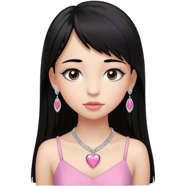 Cabelos pretos longos lisos ,com franja curvada .olhos pretos puxadinho para cima. Cílios longos curvados. Pele clara ,nariz pequeno ,lábios carnudos ,adolescente 16 anos ,vestido rosa de alça, colar de coração prata ,brinco de diamante emoji