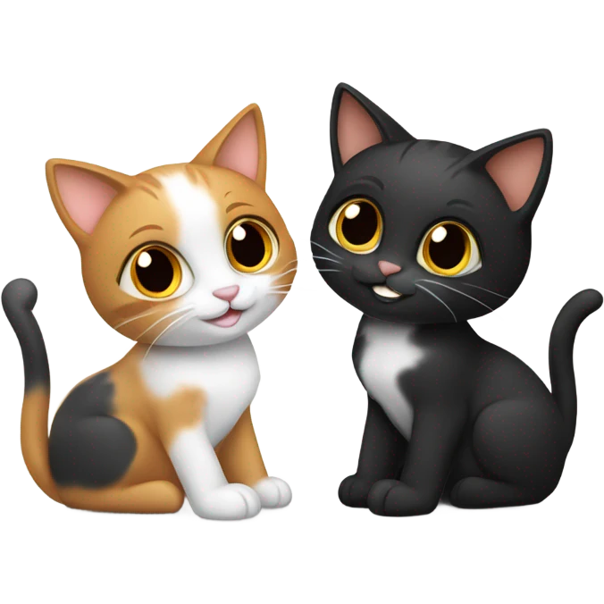 I want 2 cats. I want them next to each other. I want one to be calico colored. I want the other cat to be completely black colored emoji