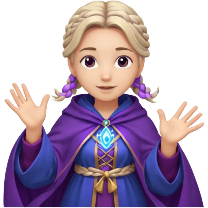 A playful mage girl with braids, purple cloak, and magic swirling around her hands.
 emoji