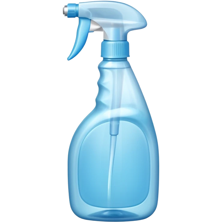transparent plastic spray bottle filled with light blue liquid, clean trigger top, ergonomic shape, soft curves, slight shine, clarity and freshness, no label, no cloth, no window, closed spray bottle, soft lighting, subtle shadows, emoji scale emoji
