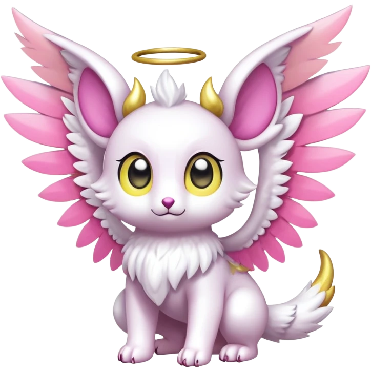 Shiny epic glittery divine white yellow pink animal-fakemon-creature with head-ear-wings, cute, adorable, big eyes emoji