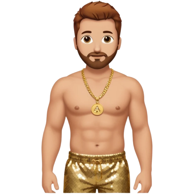 Joey Fatone with auburn hair, black sequin baggy pants, shirtless with necklace emoji