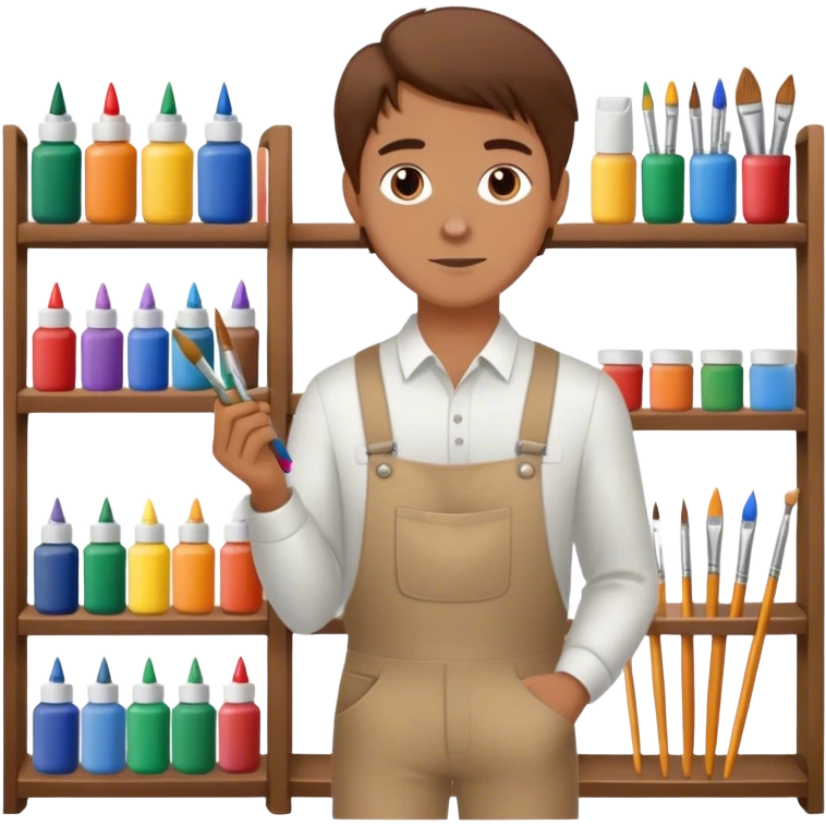 a white  salesman with brown hair standing next to a shelf where paints, brushes, and pencils are placed emoji