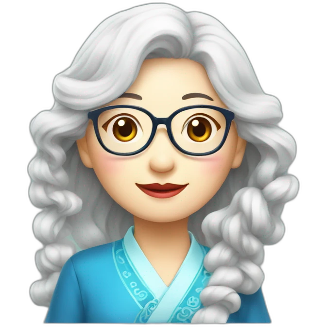 Chinese seniors lady wear glasses has wavy long hair wear Chinese traditional dress show appreciation sign emoji